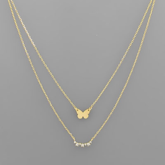 CZ Bar & Butterfly 2 Layer Necklace - Picture 1 of 1